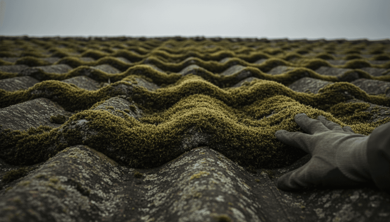 Mousse et algues sur toiture avant traitement