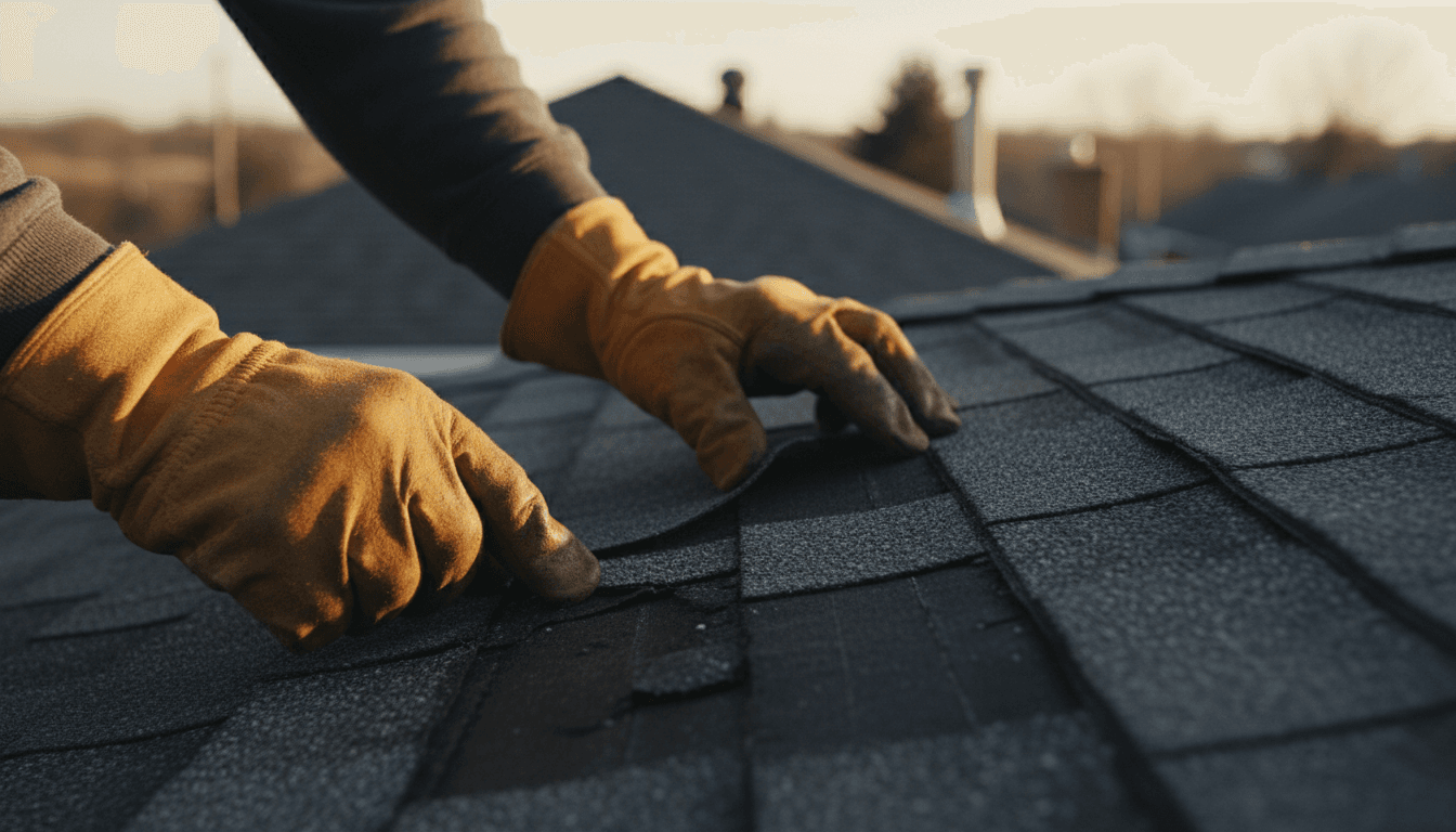 Couvreur inspectant une toiture endommagée avec attention professionnelle