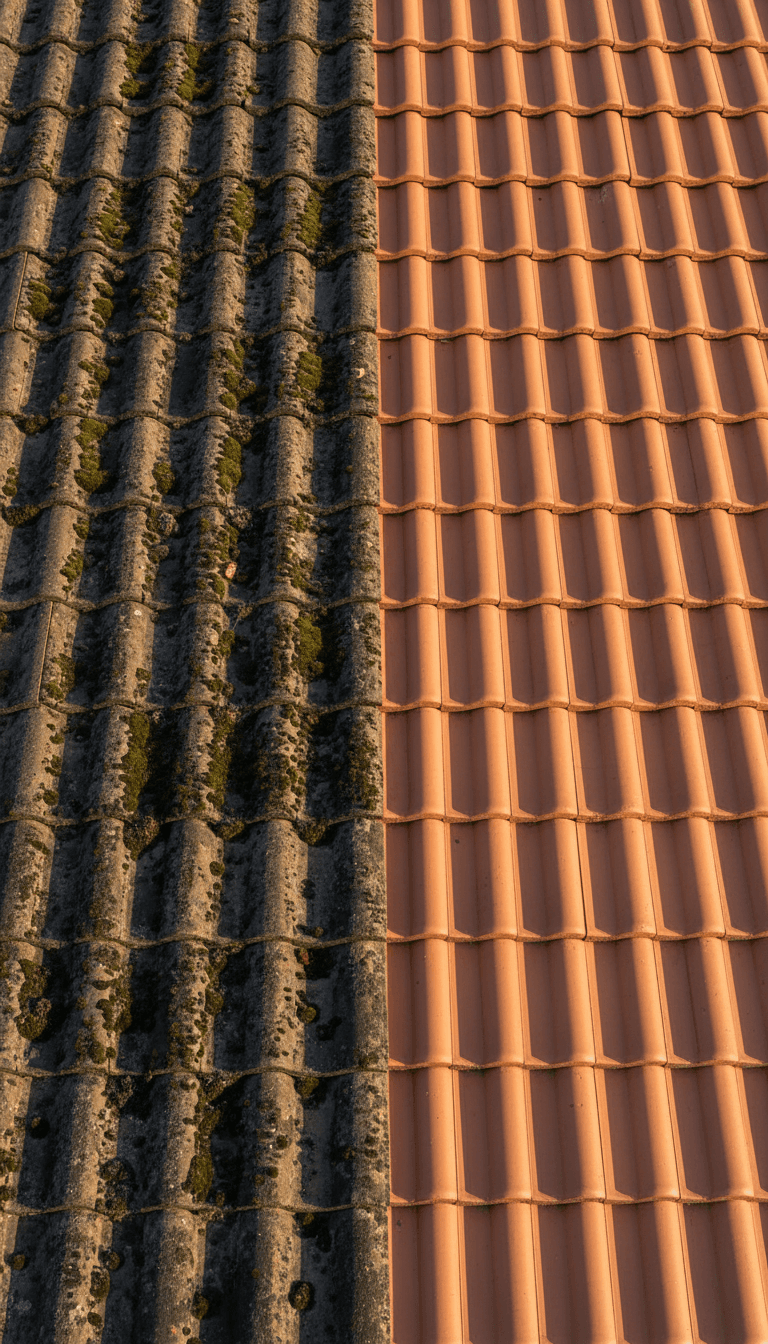 Comparaison avant et après nettoyage de toiture