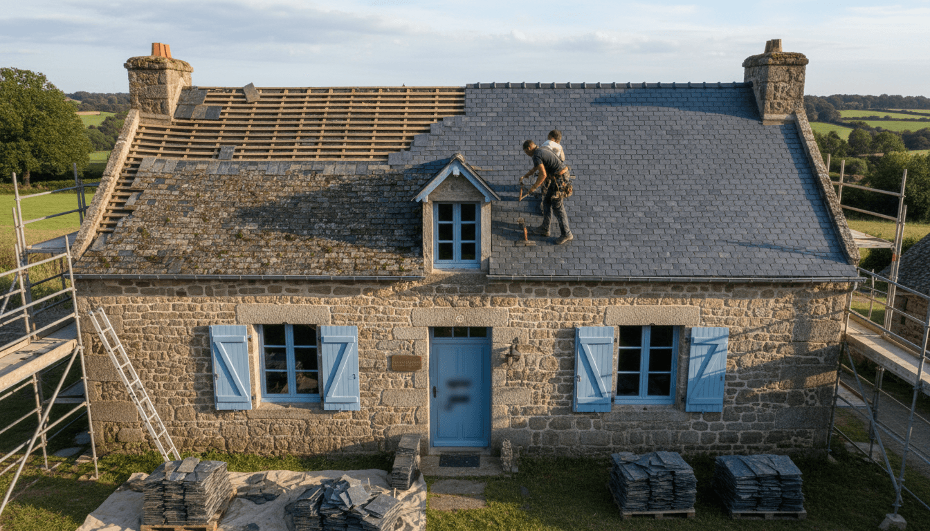 Réparation de toiture avec tuiles ardoise sur maison résidentielle