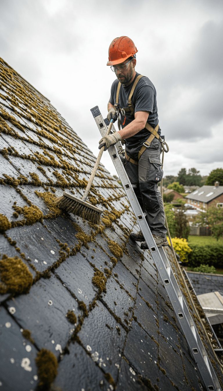 Enlèvement de mousse sur toiture en cours de réalisation