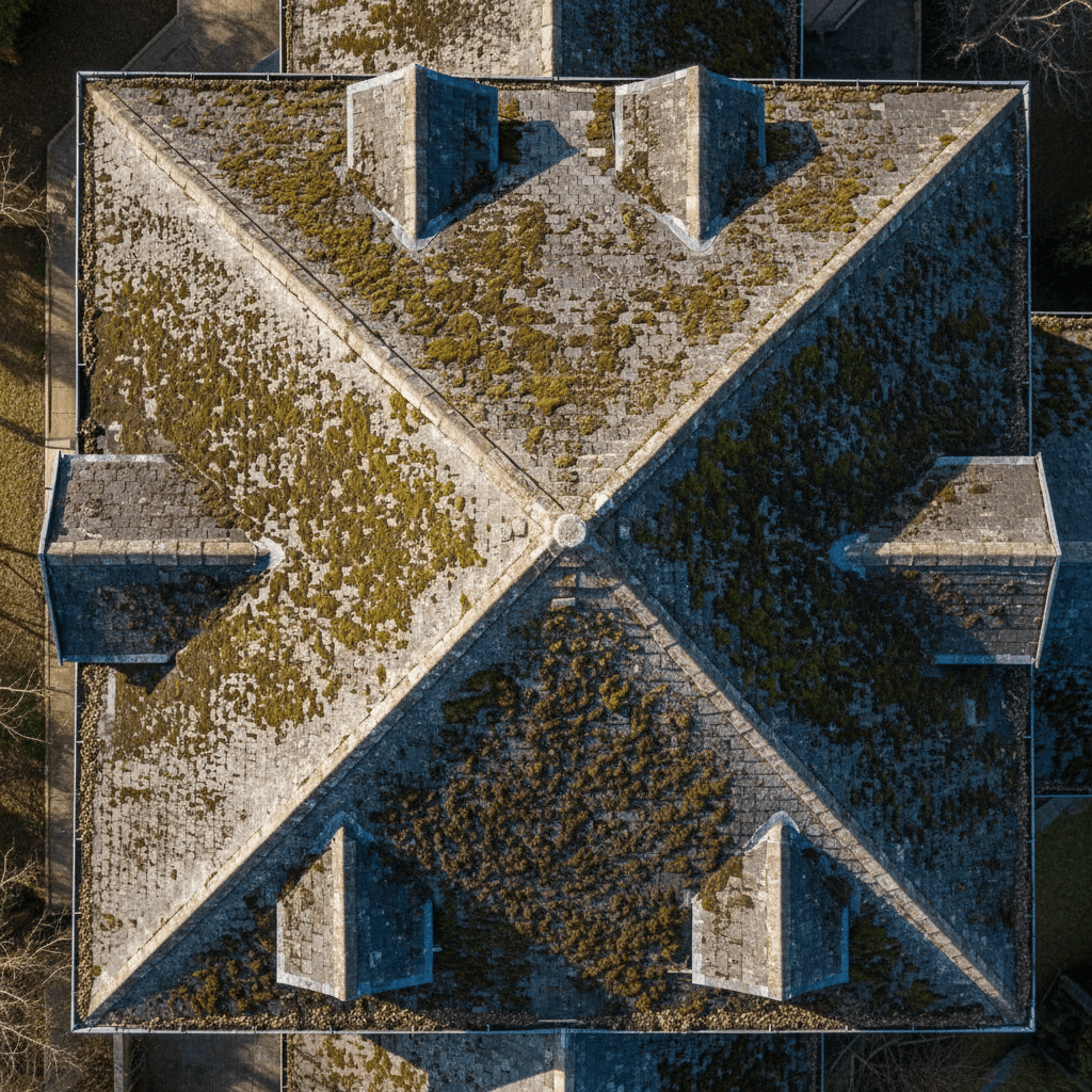 Industrial documentary aesthetic wide shot of a residential slate roof covered in thick moss and algae growth