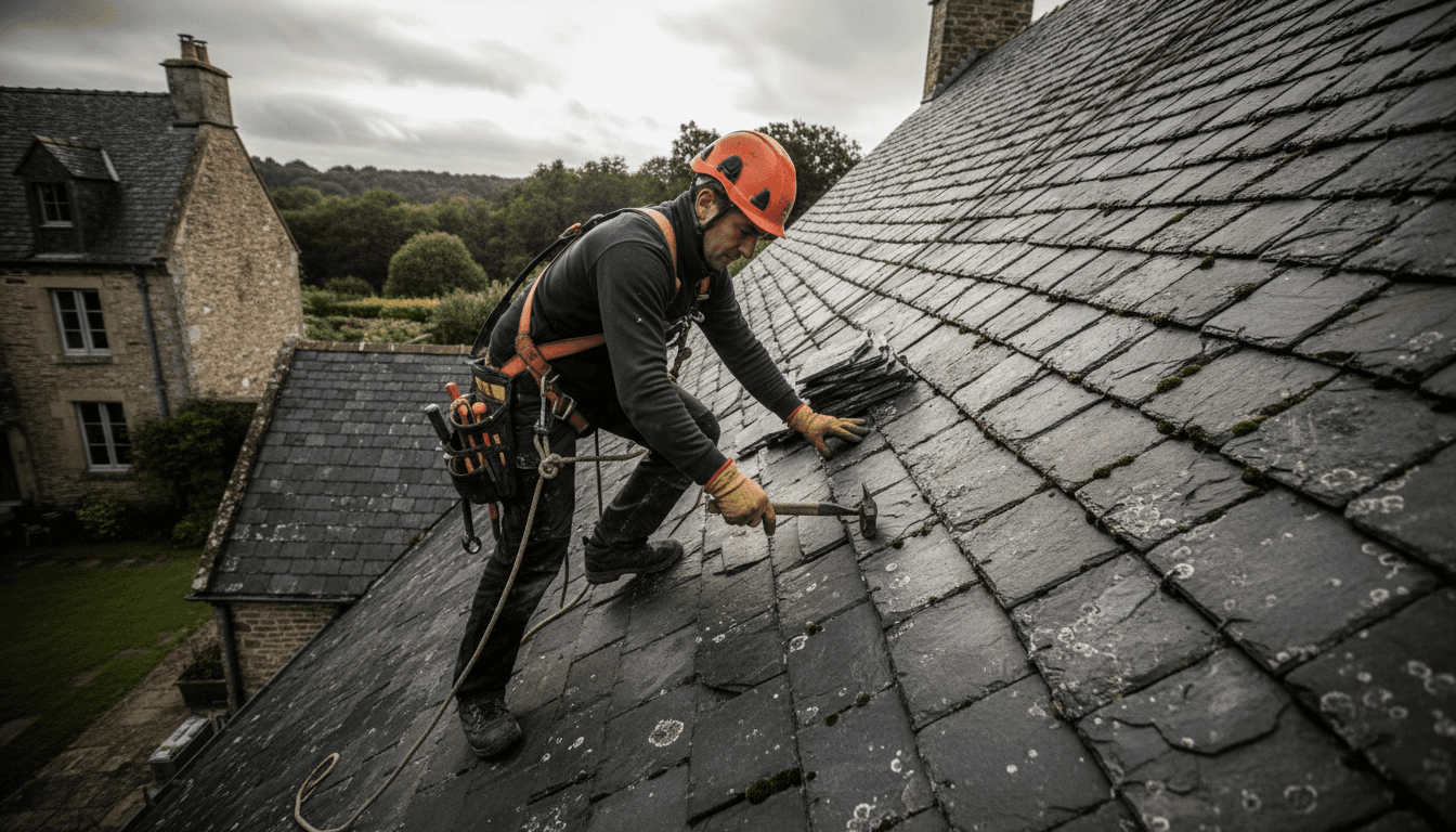 Couvreur professionnel effectuant une réparation de toiture à Chartres-de-Bretagne