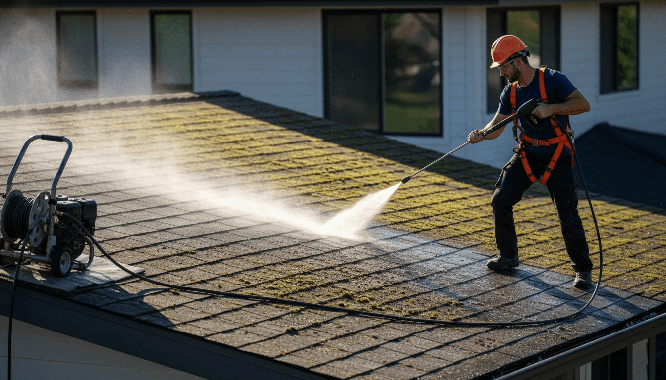 Nettoyage professionnel d'une toiture résidentielle