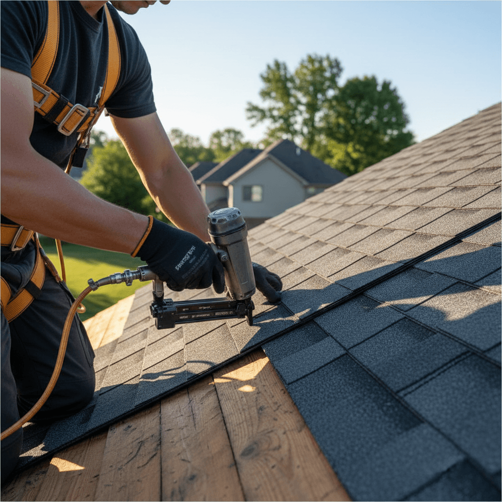 Couvreur professionnel appliquant un traitement d'étanchéité sur un toit résidentiel