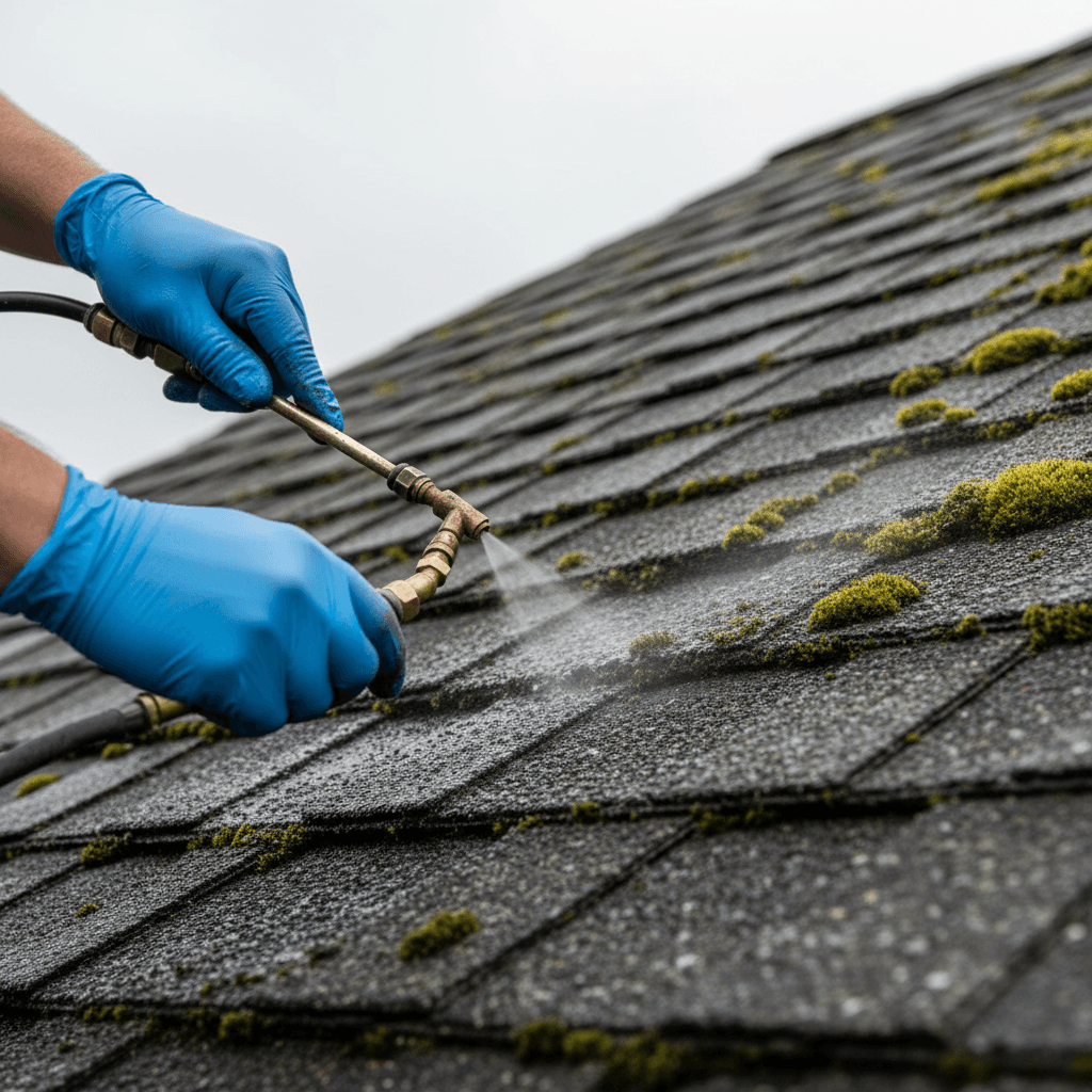 Technician's gloved hands applying chemical treatment spray to moss-covered roof shingles with professional equipment