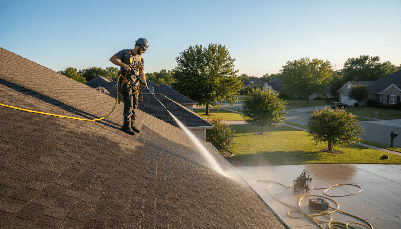 Technician pressure washing residential roof with professional equipment against blue sky and neighborhood backdrop