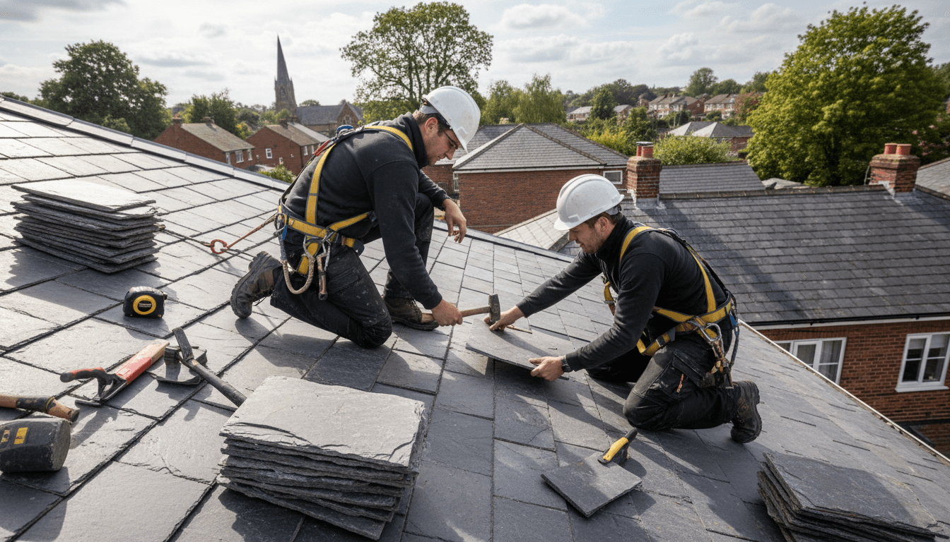 Équipe JBR COUVERTURE effectuant des travaux de toiture professionnels
