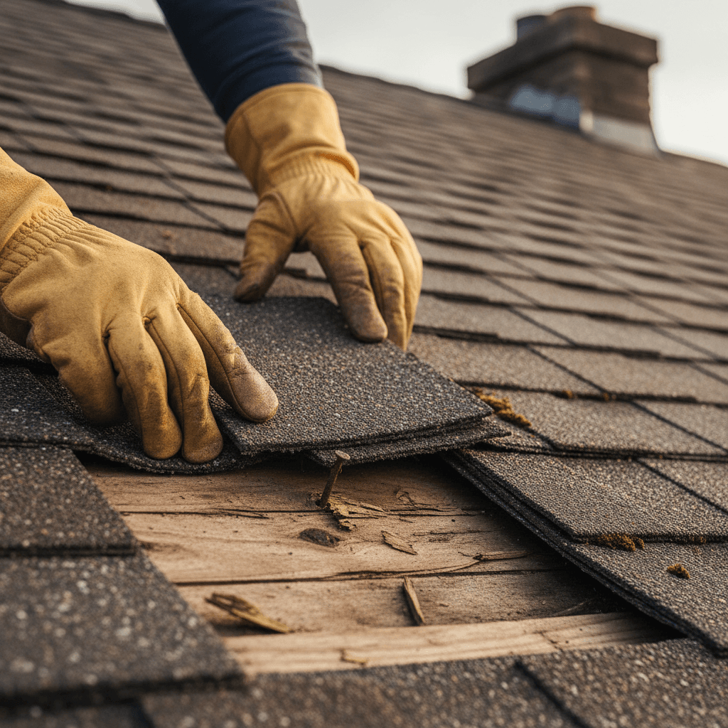 Tradesperson's hands inspecting roof shingles and damage during residential inspection