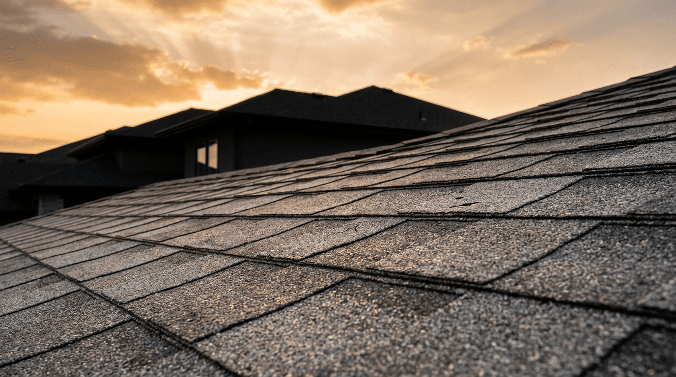 Couvreur professionnel travaillant sur une toiture résidentielle avec équipement de sécurité