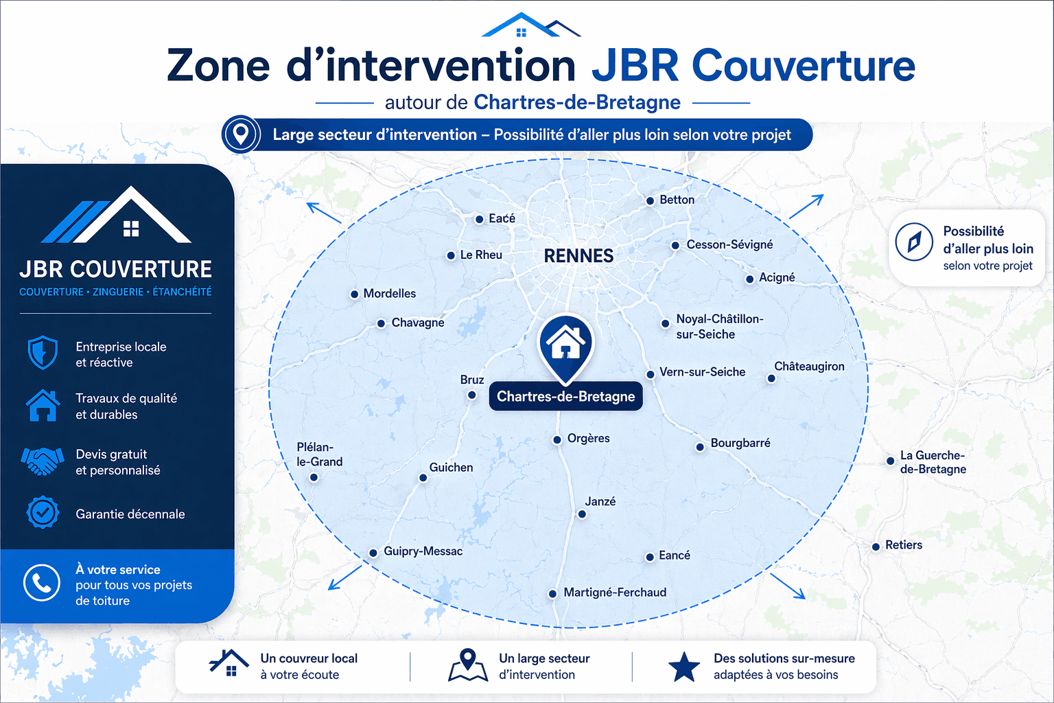 Carte de la zone d'intervention JBR Couverture autour de Rennes et Chartres-de-Bretagne.